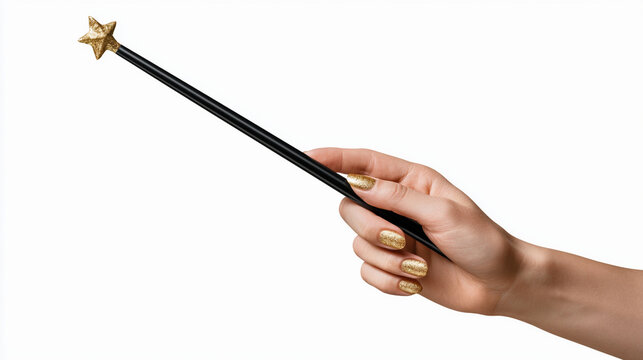Hand holding a magic wand with a gold glitter star isolated on white background