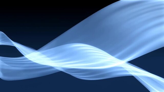 Translucent blue ribbons overlap in flowing wave pattern against dark gradient background