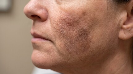 Fototapeta premium Realistic Clinical Close Up of Facial Lichen Simplex Chronicus with Thickened Hyperpigmented Skin