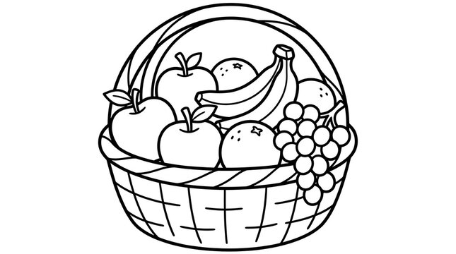Vintage style illustration of a woven basket overflowing with a variety of fresh fruits including apples and bananas