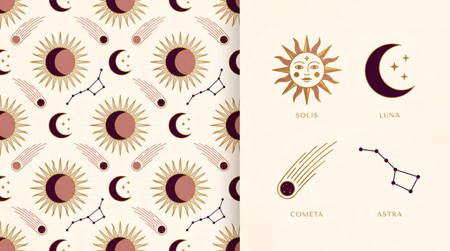 Celestial seamless pattern features mystical sun, moon, comet, and constellation graphics.