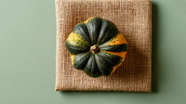 Top down minimal flatlay of green and yellow striped squash on square burlap piece over sage green background