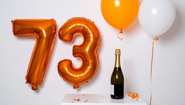 Number 73 Balloon with Champagne Bottle. Orange and White Theme for Birthday or Anniversary Celebration