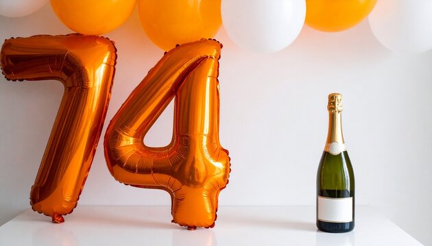 Number 74 Balloon with Champagne Bottle. Orange and White Theme for Birthday or Anniversary Celebration