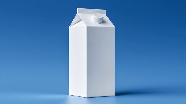 A blank white cardboard carton stands against a blue background. Ideal for brand design and product packaging mockups.