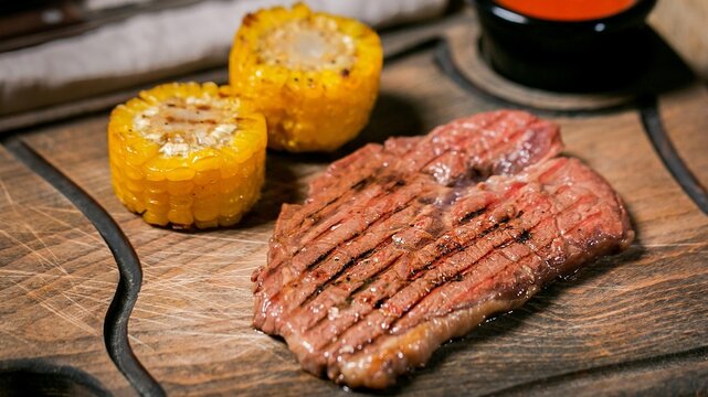 A seasoned steak rests on rustic wooden cutting board, perfect for grilling recipes or fine dining promotion, close up view of delicious meal prep