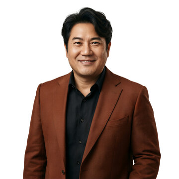 Korean man blazer portrait isolated on a transparent background featuring a confident 44 year old professional in rust colored attire