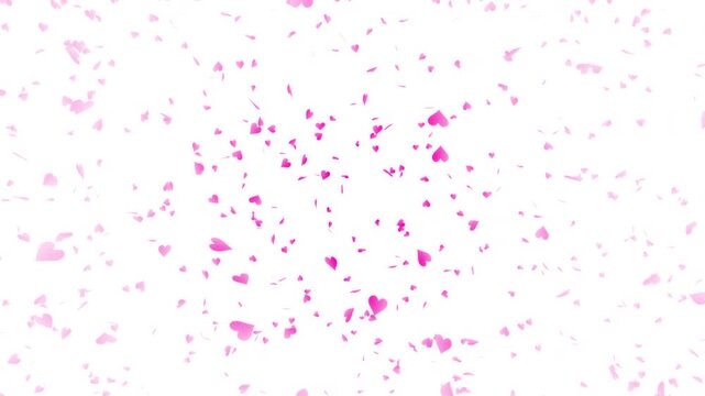 Pink heart shapes being lit up and falling down on white background. Abstract background for Happy Valentine's day and wedding ceremony.