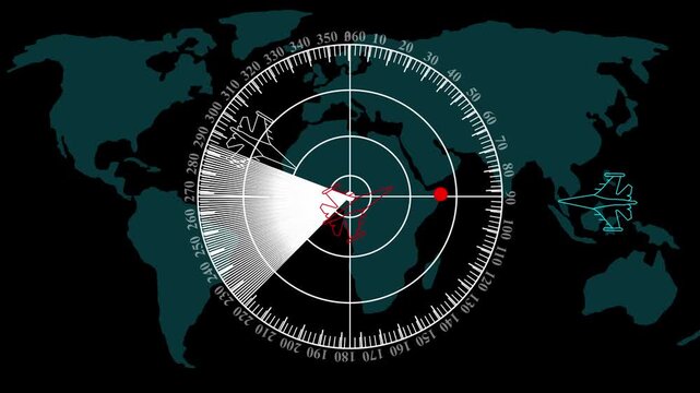 Digital radar screen scanning a blue globe, futuristic technology interface, abstract data visualization, and modern network communication concept