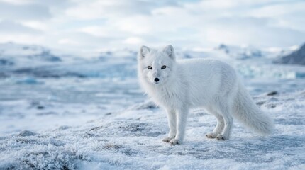 Naklejka premium Arctic Fox in a Winter Wonderland: A majestic arctic fox, with its pristine white coat perfectly camouflaged against the snow-covered landscape, stands alert in the cold, icy terrain.