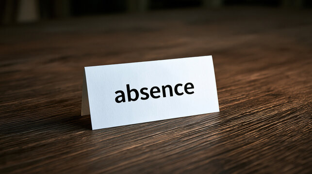 A white card featuring the text absence standing on a rustic wooden table. Use this for human resources or.