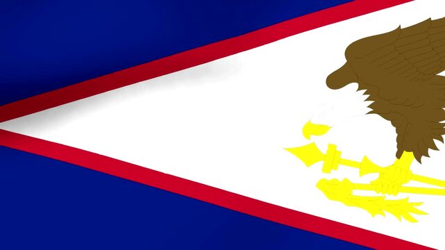 Waving flag of American Samoa featuring a bald eagle holding symbols of authority against a blue red and white background