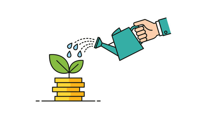 Hand watering plant growing on gold coins stack with watering can for investment growth savings financial planning concept vector illustration
