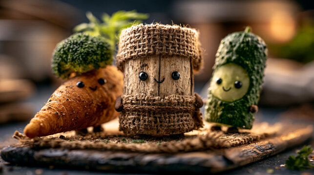 Cute vegetable characters made of carrot and broccoli with burlap textures on wooden board