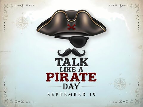 International talk like a pirate day celebration poster with a black hat, eye patch and mustache on a vintage background