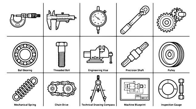 Mechanical engineering icons set, industrial hardware and precision tools collection, 15 technical vector line icons for manufacturing
