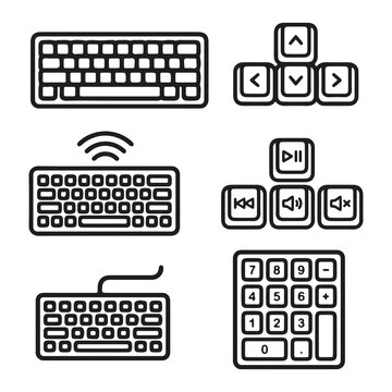Computer Technology Outline Icon Set &ndash; Keyboard, Navigation Controls, Media Buttons and Calculator