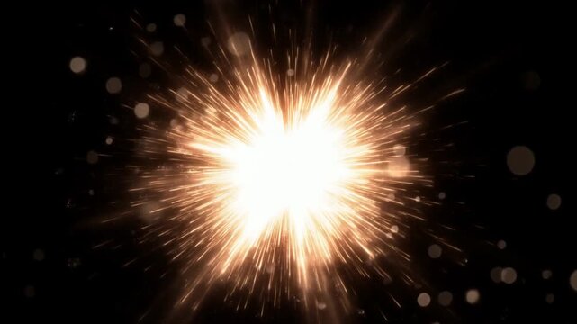 Golden explosion radiating bright light rays outward in dark space with floating particles