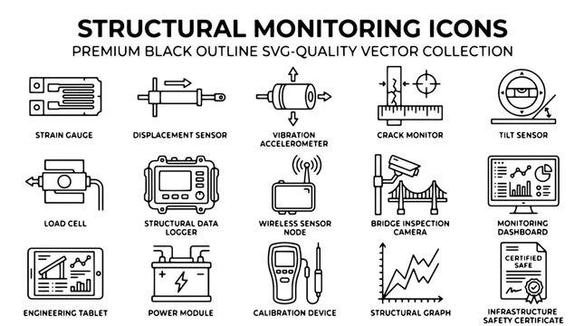 Structural monitoring icons, black outline vector collection for engineering. Industrial sensor symbols for infrastructure safety.