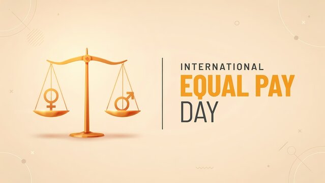 International equal pay day concept with golden scales representing gender equality between male and female symbols