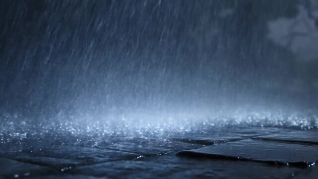 Heavy rain falling onto a wet dark surface, creating splashes, ripples, and flowing water