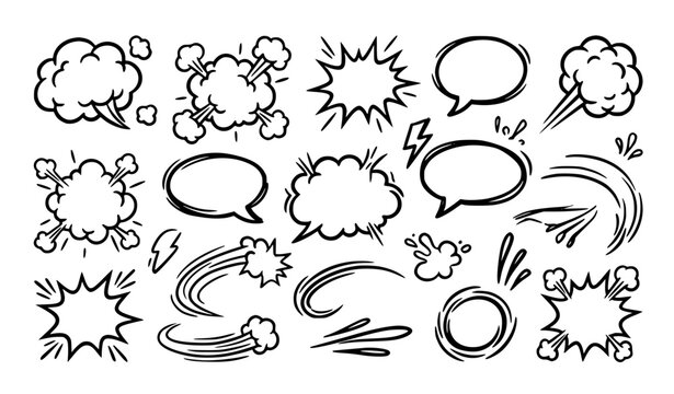 Hand Drawn Comic Speech Bubble Icon Set with Explosion Burst and Motion Line Doodle Elements for Social Media and Chat Designs