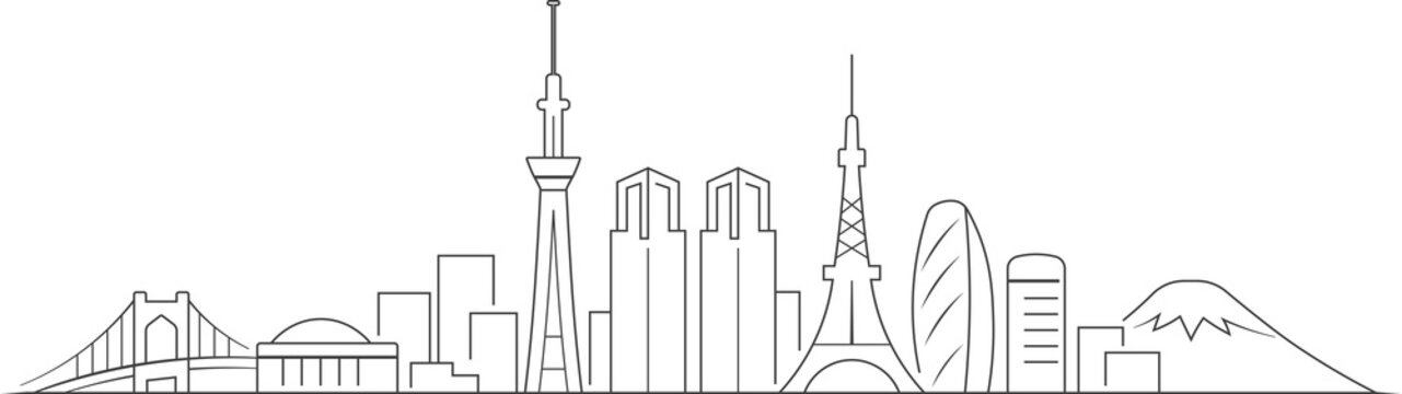 Minimal Tokyo skyline outline vector with iconic landmarks for modern design