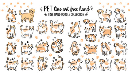 Fototapeta premium Pet Line Art Free Hand Doodle Collection featuring Cute Cats and Dogs in Various Poses with Paw Prints and Hearts