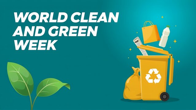 World clean and green week poster design with recycling bin and trash items for environmental awareness and waste management