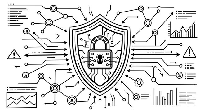 Cybersecurity shield icon with digital circuit lines. Network security padlock illustration. Data protection concept with tech elements.