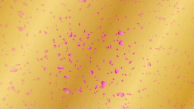 Pink heart shapes being lit up and falling down on gold gradient moving background. Abstract background for Happy Valentine's day and wedding ceremony.