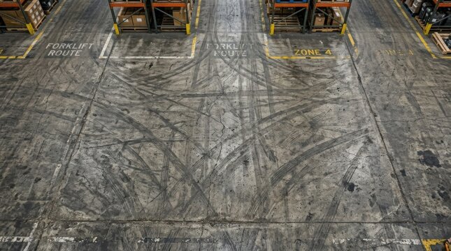 Aerial view of warehouse loading dock with marked forklift route and zone