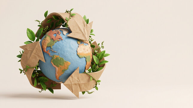 Recycling symbol made of brown paper and green leaves encircling globe on light background for environmental concept.