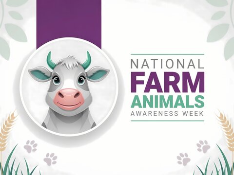 Cute cartoon cow face for national farm animals awareness week poster design with purple banner and wheat stalks
