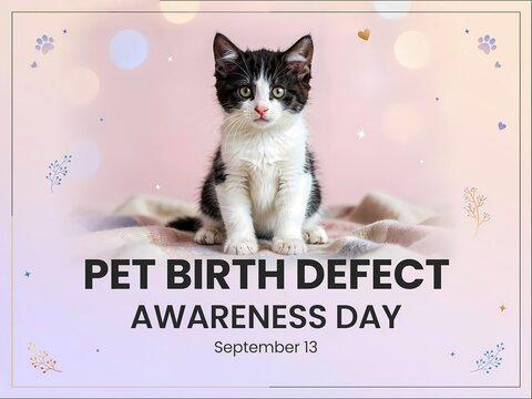 Cute black and white kitten for pet birth defect awareness day on september 13 with meaningful social media graphic design