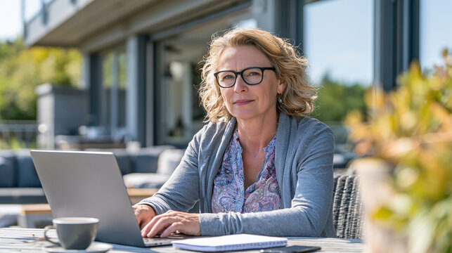 Mature woman working on a laptop on a terrace