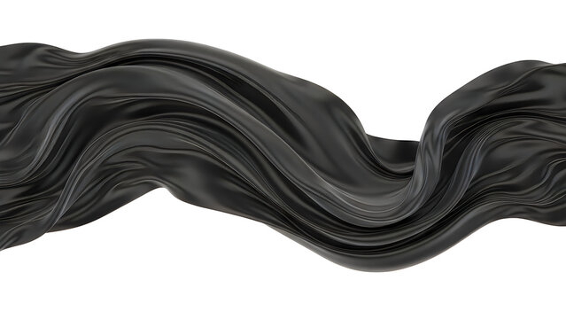 Wavy black silk fabric flowing in soft folds isolated on white background
