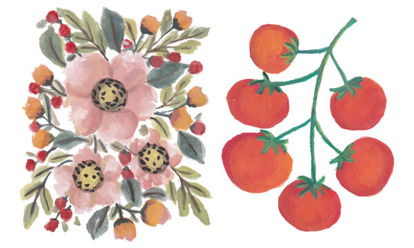 Coloful floral patttern and red tomato hand drawn watercolor
