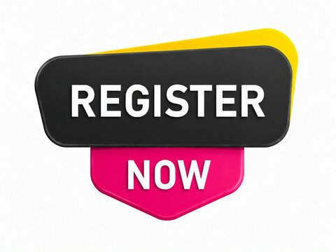 Modern black and red register now badge with yellow highlight