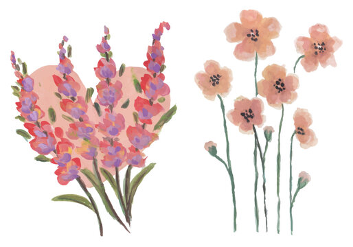 Peach flowers hand drawn watercolor art
