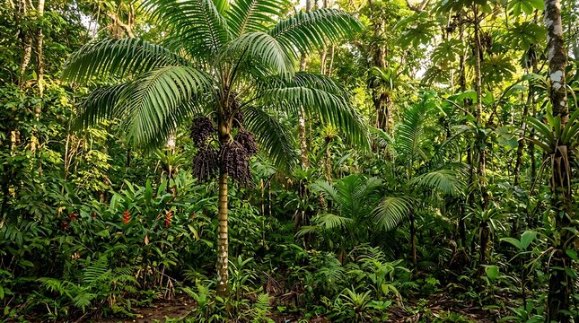 Acai palm tree with ripe dark purple berries growing in a lush tropical rainforest environment.