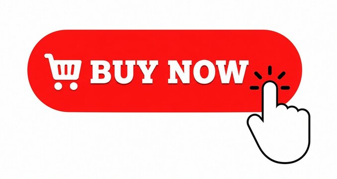 Red shopping button with cart icon and finger pressing buy now text