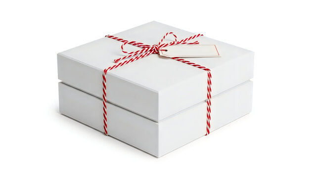 White gift box with red and white twine string and tag isolated on white background