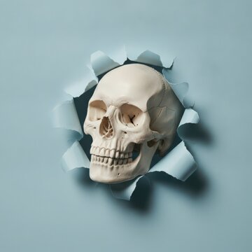 Human skull breaking through a torn paper hole with green light effect