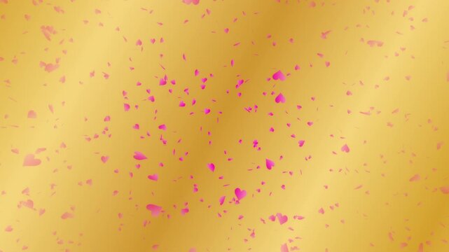 Pink heart shapes being lit up and falling down on gold gradient moving background. Abstract background for Happy Valentine's day and wedding ceremony.