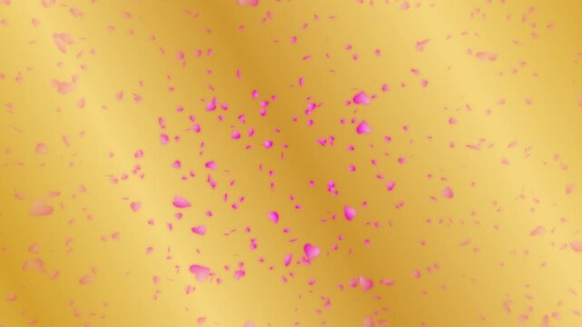 Pink heart shapes being lit up and falling down on gold gradient moving background. Abstract background for Happy Valentine's day and wedding ceremony.