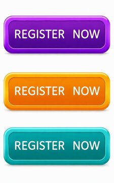 Colorful 3d register now buttons in purple, orange and teal gradient styles