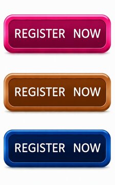 3d register now buttons in pink red brown and blue colors