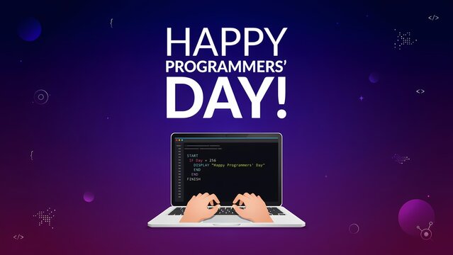 Happy programmers day greeting card with a person typing code on a laptop computer against a dark purple background
