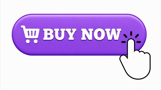 Purple buy now button with shopping cart icon and finger pointing to click
